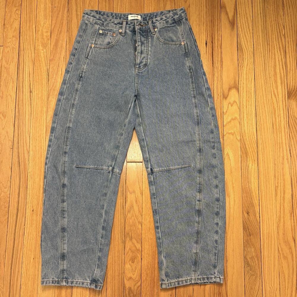PARKE Size 27 Barrel Leg The Horseshoe Jeans Blue Wash 100% Cotton Denim